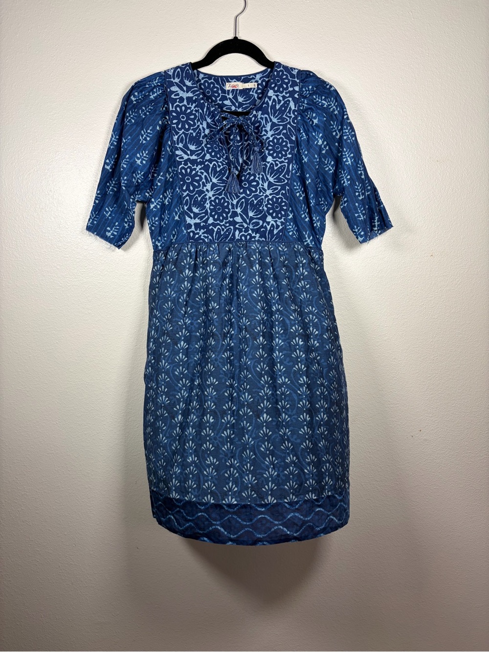 Faherty Solstice Mixed Print Organic Cotton Silk Mini Dress Blue Batik Size S
